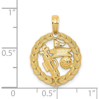 14K Yellow Gold Polished Golf Theme Circle Pendant with Textured Wreath Design by Oro Pregiato