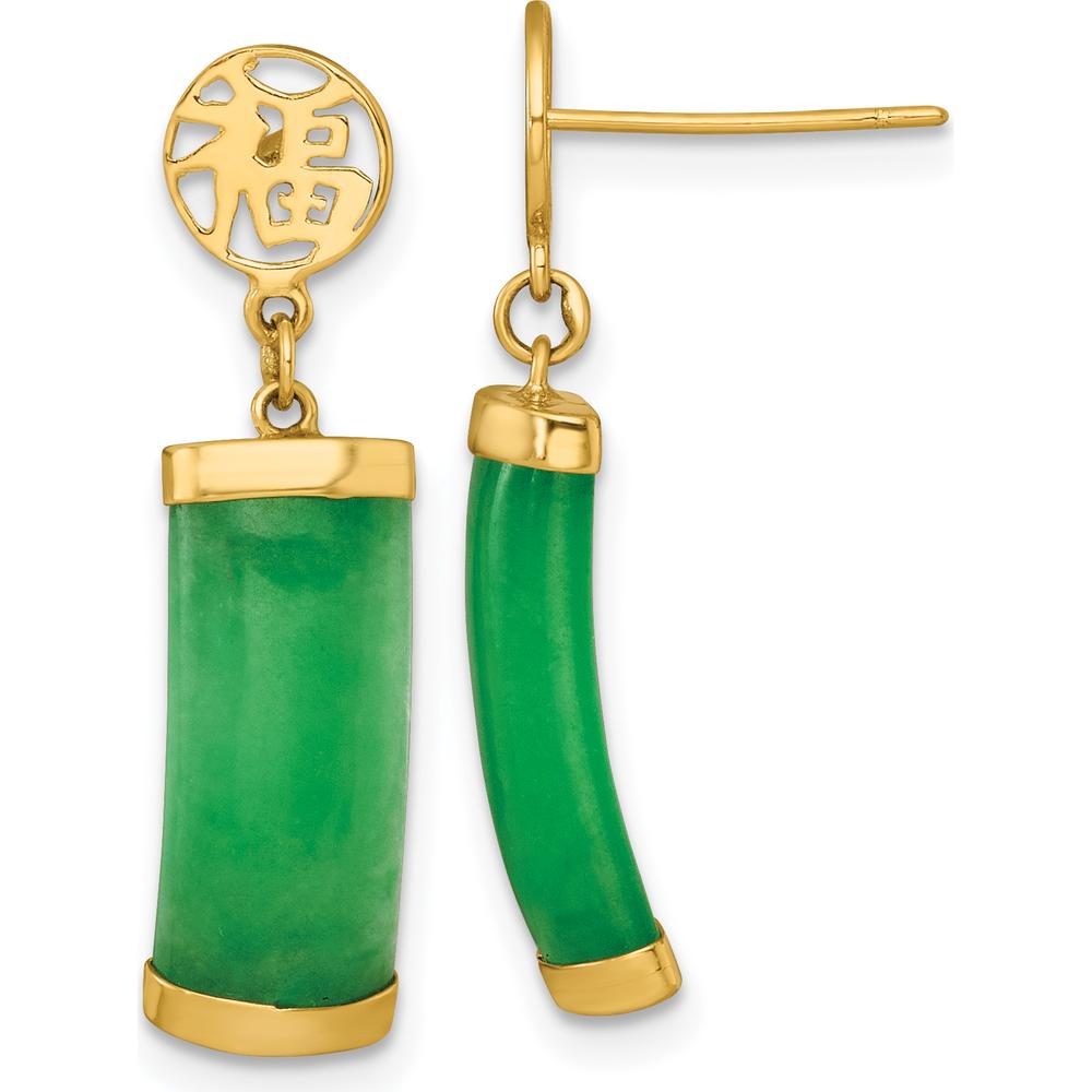 14K Yellow Gold Polished Good Luck Symbol Green Jade Drop Dangle Earrings by Oro Pregiato