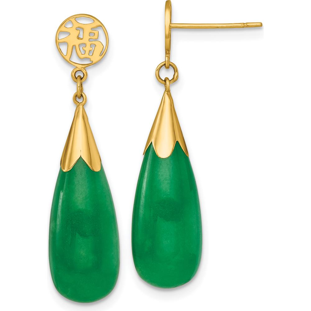 14K Yellow Gold Polished Good Luck Symbol Teardrop Jade Dangle Earrings - 1.0 Carat Total Jade Weight by Oro Pregiato