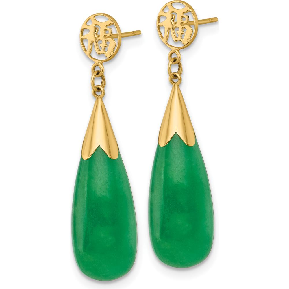 14K Yellow Gold Polished Good Luck Symbol Teardrop Jade Dangle Earrings - 1.0 Carat Total Jade Weight by Oro Pregiato