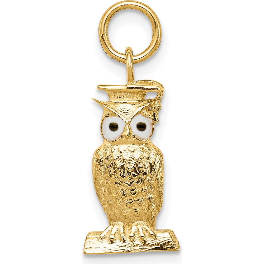 14K Yellow Gold Polished Graduation Owl Charm with Enamel Accents - 20mm Length