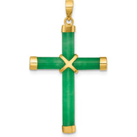 14K Yellow Gold Polished Green Jade Cross Pendant - 36mm Length by Oro Pregiato
