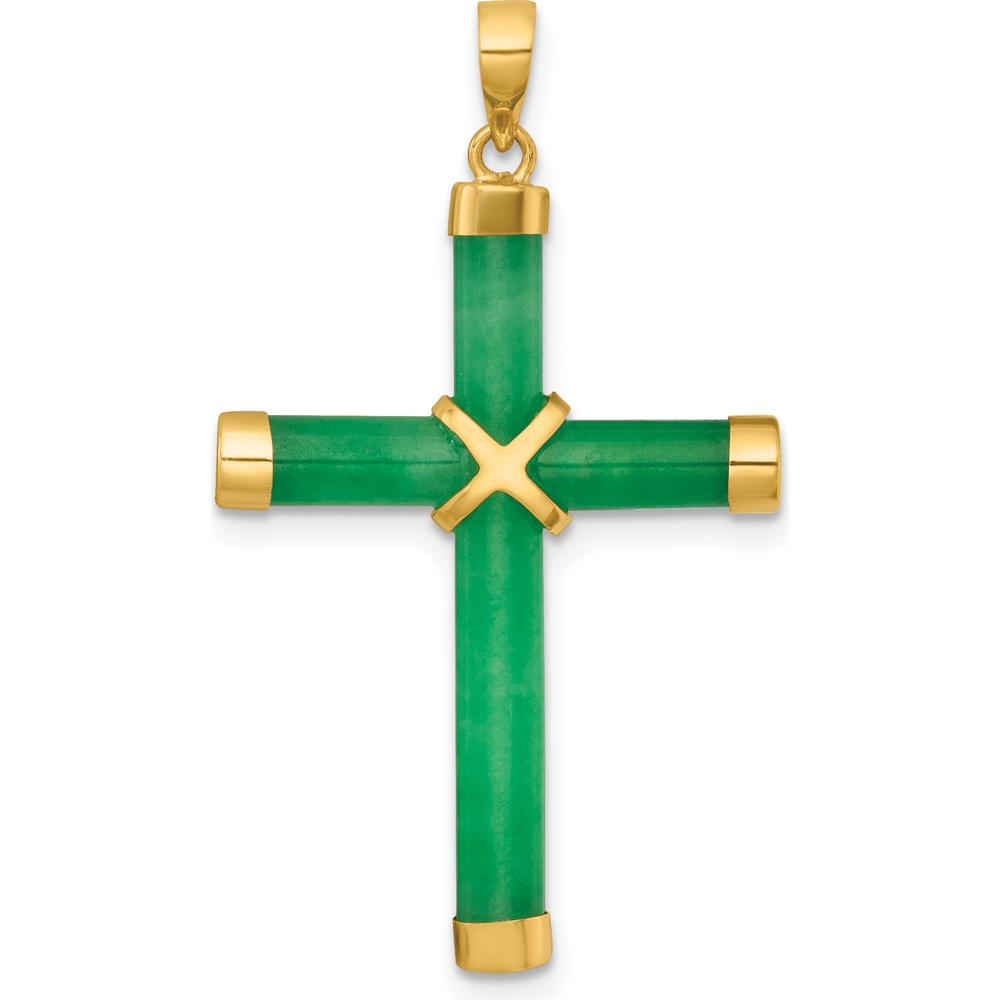 14K Yellow Gold Polished Green Jade Cross Pendant - 36mm Length by Oro Pregiato