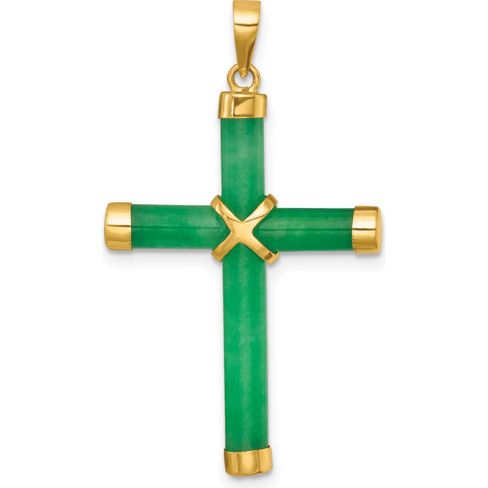 14K Yellow Gold Polished Green Jade Cross Pendant - 36mm Length by Oro Pregiato