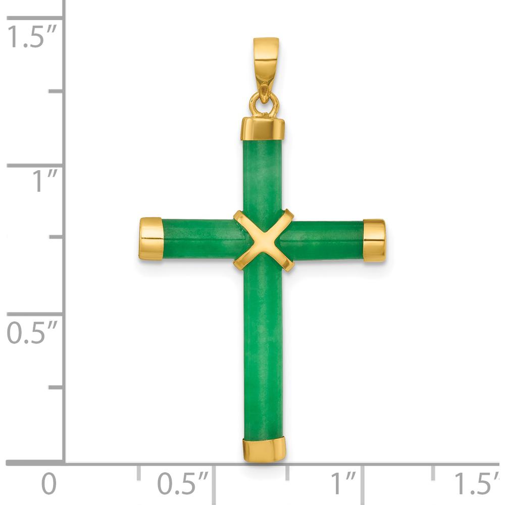 14K Yellow Gold Polished Green Jade Cross Pendant - 36mm Length by Oro Pregiato