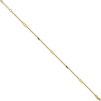 14K Yellow Gold Polished Green Zircon Beads Anklet with Extender - 10" Total Length