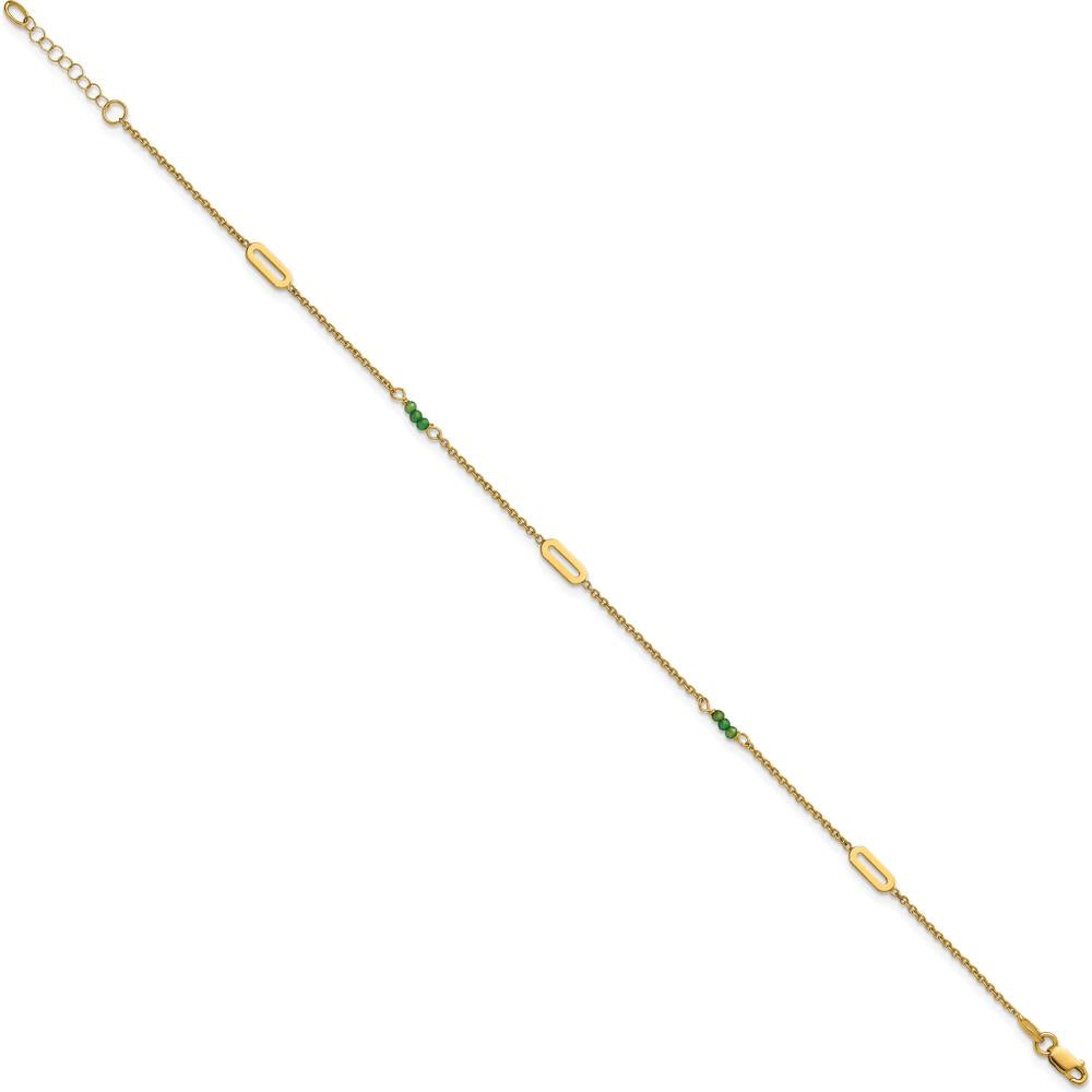14K Yellow Gold Polished Green Zircon Beads Anklet with Extender - 10" Total Length