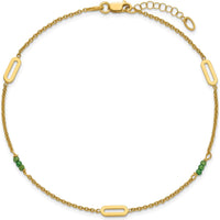 14K Yellow Gold Polished Green Zircon Beads Anklet with Extender - 10" Total Length