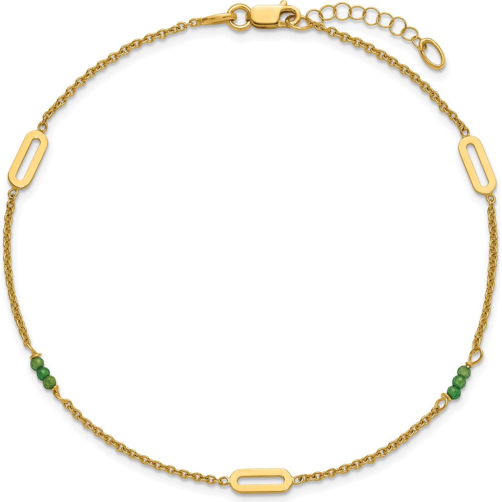 14K Yellow Gold Polished Green Zircon Beads Anklet with Extender - 10" Total Length
