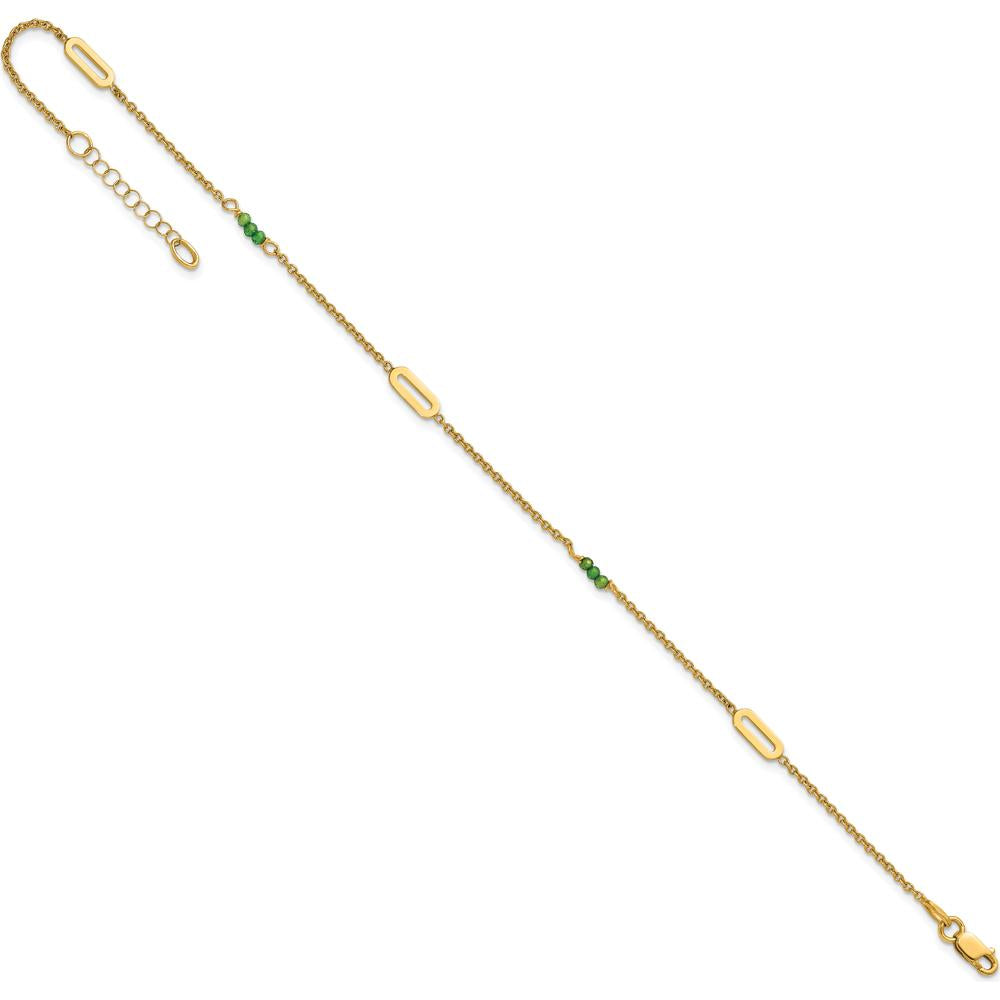 14K Yellow Gold Polished Green Zircon Beads Anklet with Extender - 10" Total Length