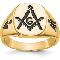 14K Yellow Gold Polished Grooved Masonic Ring with Black Enamel Detailing by IBGoodman