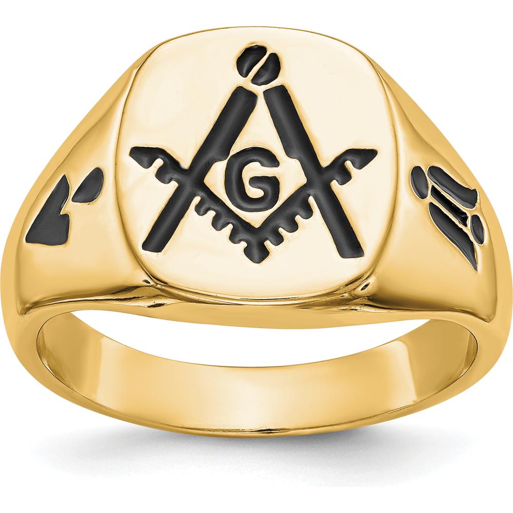 14K Yellow Gold Polished Grooved Masonic Ring with Black Enamel Detailing by IBGoodman