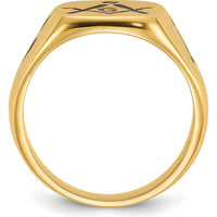 14K Yellow Gold Polished Grooved Masonic Ring with Black Enamel Detailing by IBGoodman