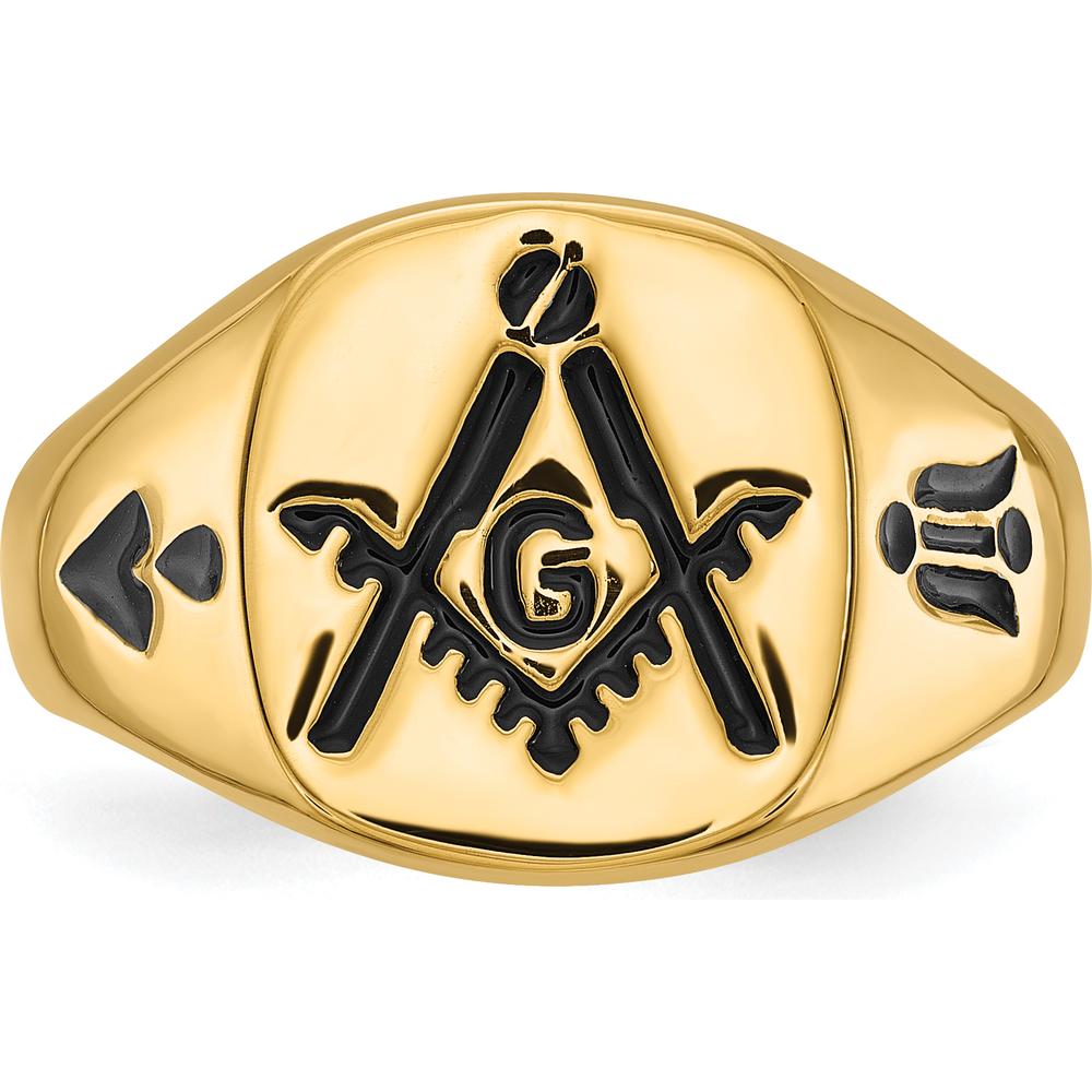 14K Yellow Gold Polished Grooved Masonic Ring with Black Enamel Detailing by IBGoodman