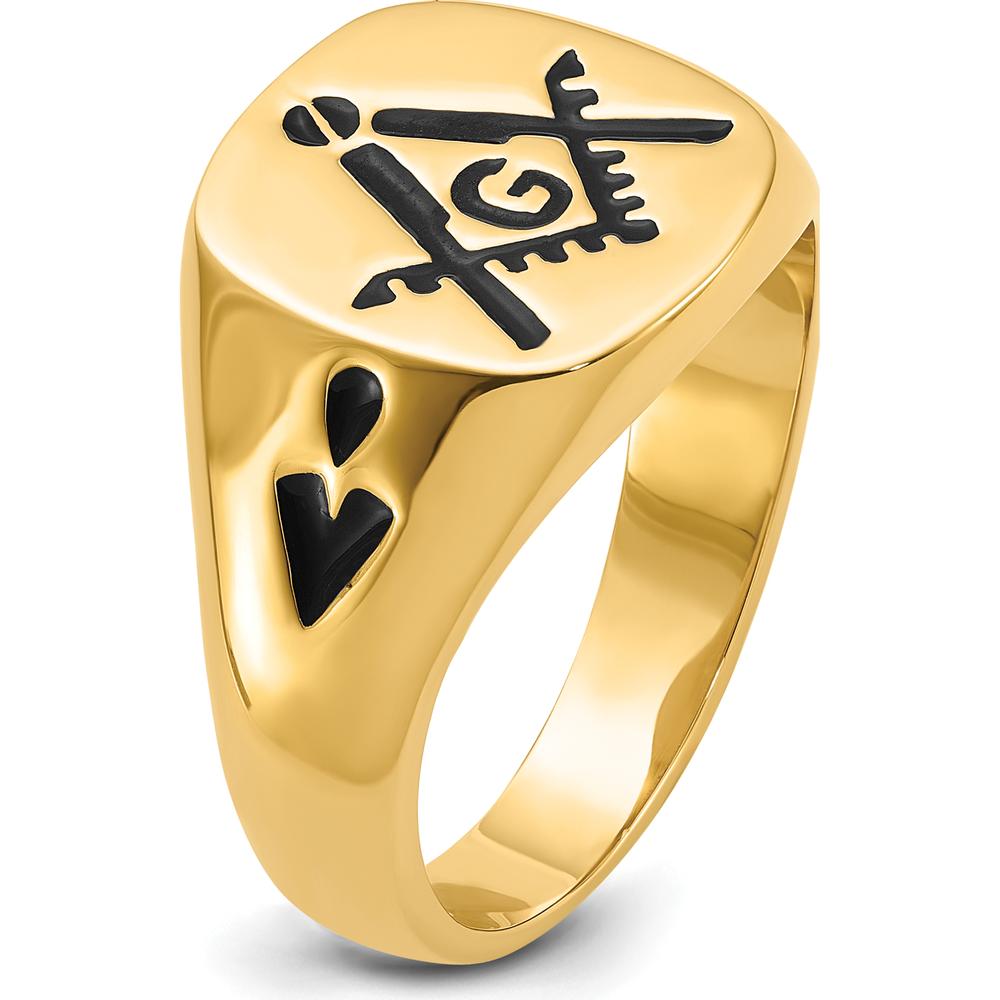 14K Yellow Gold Polished Grooved Masonic Ring with Black Enamel Detailing by IBGoodman