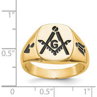 14K Yellow Gold Polished Grooved Masonic Ring with Black Enamel Detailing by IBGoodman