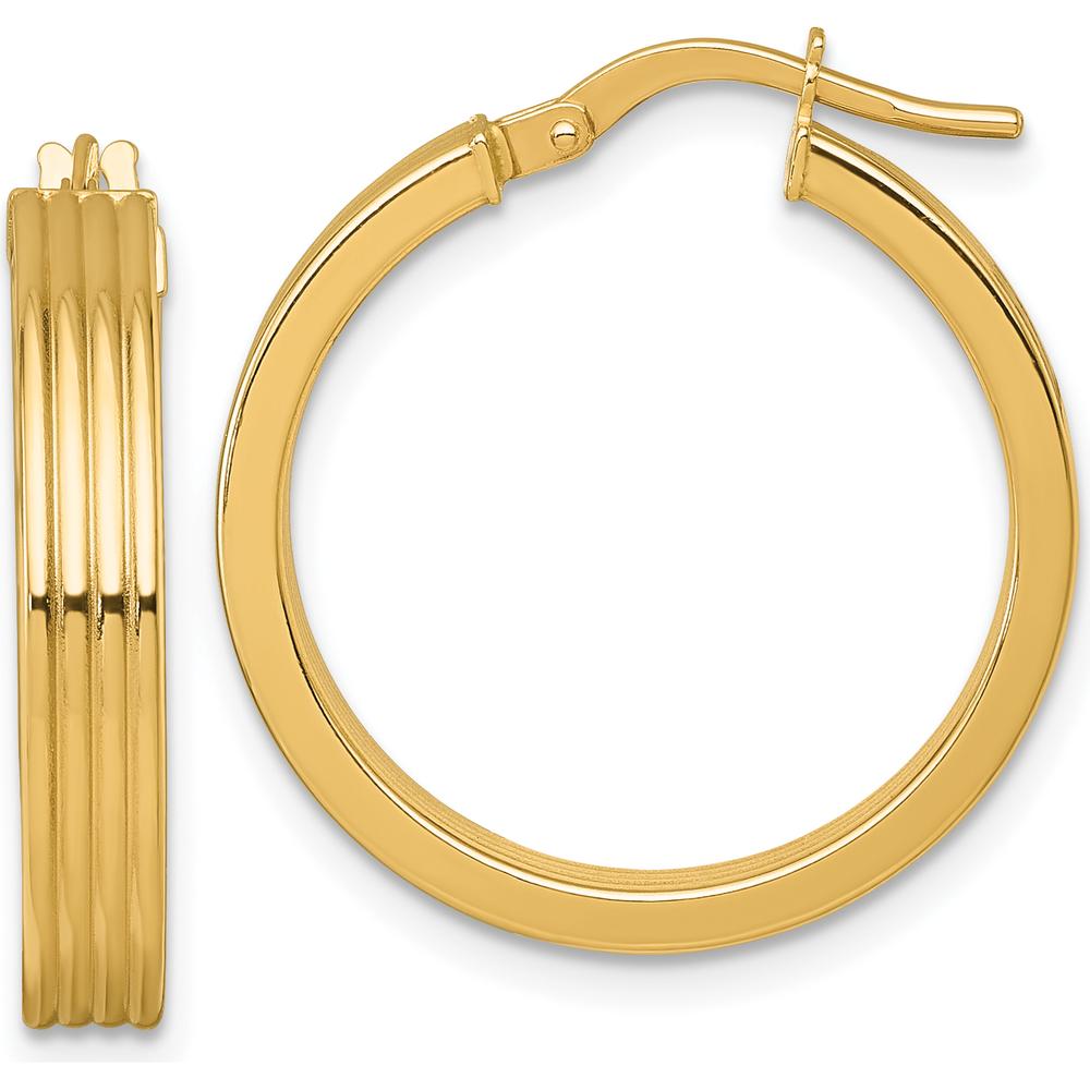 14K Yellow Gold Polished Grooved Tube Hoop Earrings - 24mm Length by 0