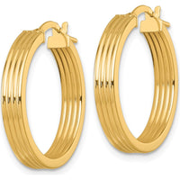 14K Yellow Gold Polished Grooved Tube Hoop Earrings - 24mm Length by 0