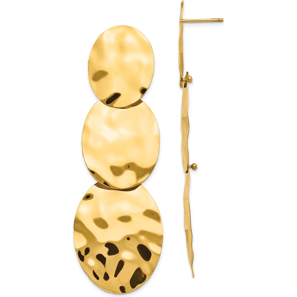 14K Yellow Gold Polished Hammered Dangle Earrings with Post & Push Back Closure - 65mm Long by Oro Pregiato