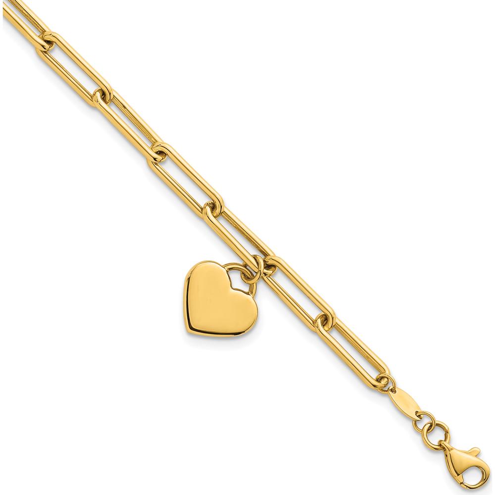 14K Yellow Gold Polished Heart Charm Paperclip Link Bracelet - 7.5" Length by 0