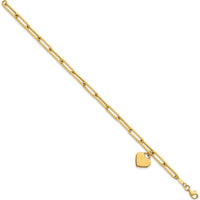 14K Yellow Gold Polished Heart Charm Paperclip Link Bracelet - 7.5" Length by 0