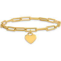 14K Yellow Gold Polished Heart Charm Paperclip Link Bracelet - 7.5" Length by 0
