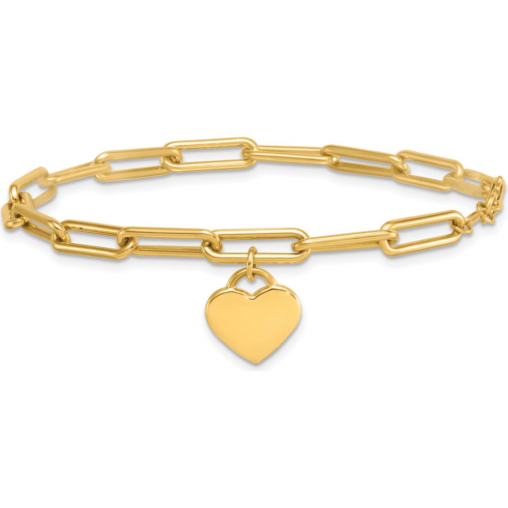 14K Yellow Gold Polished Heart Charm Paperclip Link Bracelet - 7.5" Length by 0