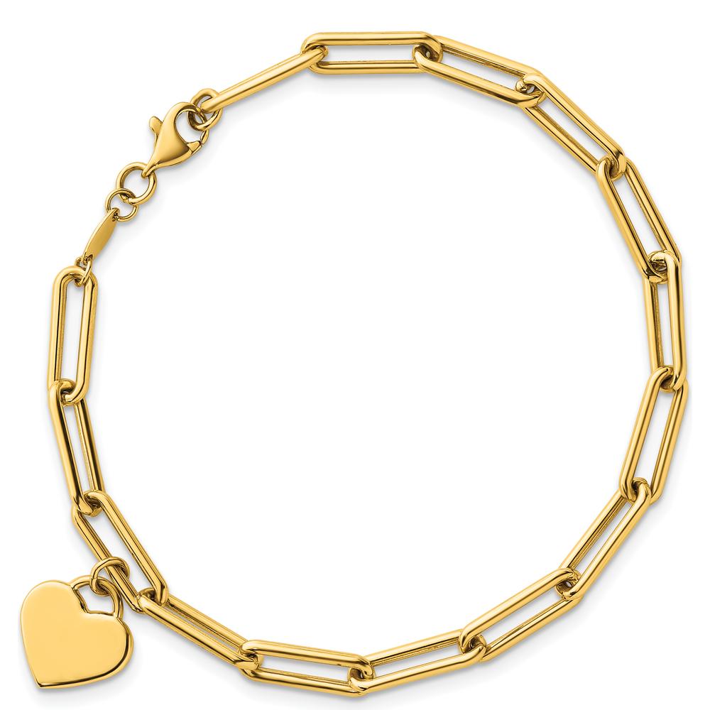 14K Yellow Gold Polished Heart Charm Paperclip Link Bracelet - 7.5" Length by 0
