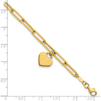 14K Yellow Gold Polished Heart Charm Paperclip Link Bracelet - 7.5" Length by 0