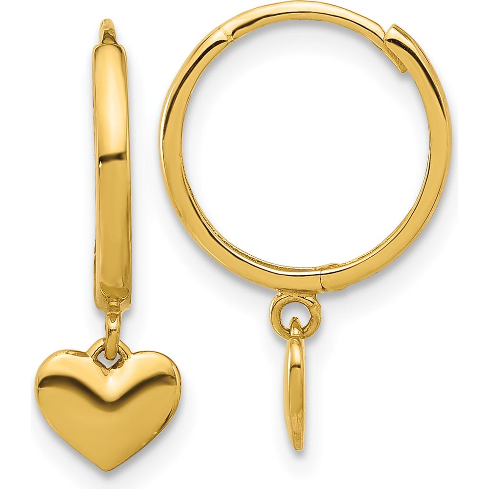 14K Yellow Gold Polished Heart Dangle Huggie Hoop Earrings - Elegant and Timeless Design by 0