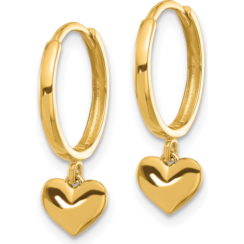 14K Yellow Gold Polished Heart Dangle Huggie Hoop Earrings - Elegant and Timeless Design by 0
