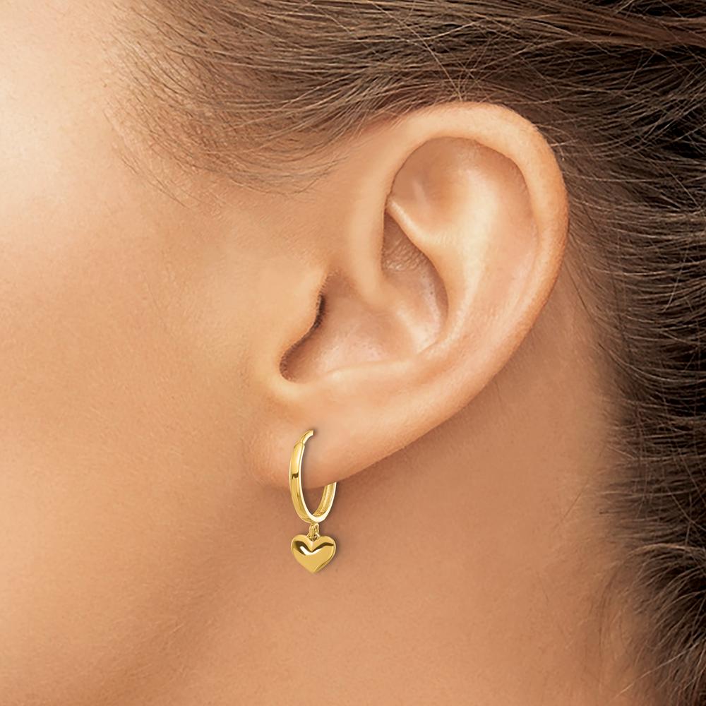 14K Yellow Gold Polished Heart Dangle Huggie Hoop Earrings - Elegant and Timeless Design by 0