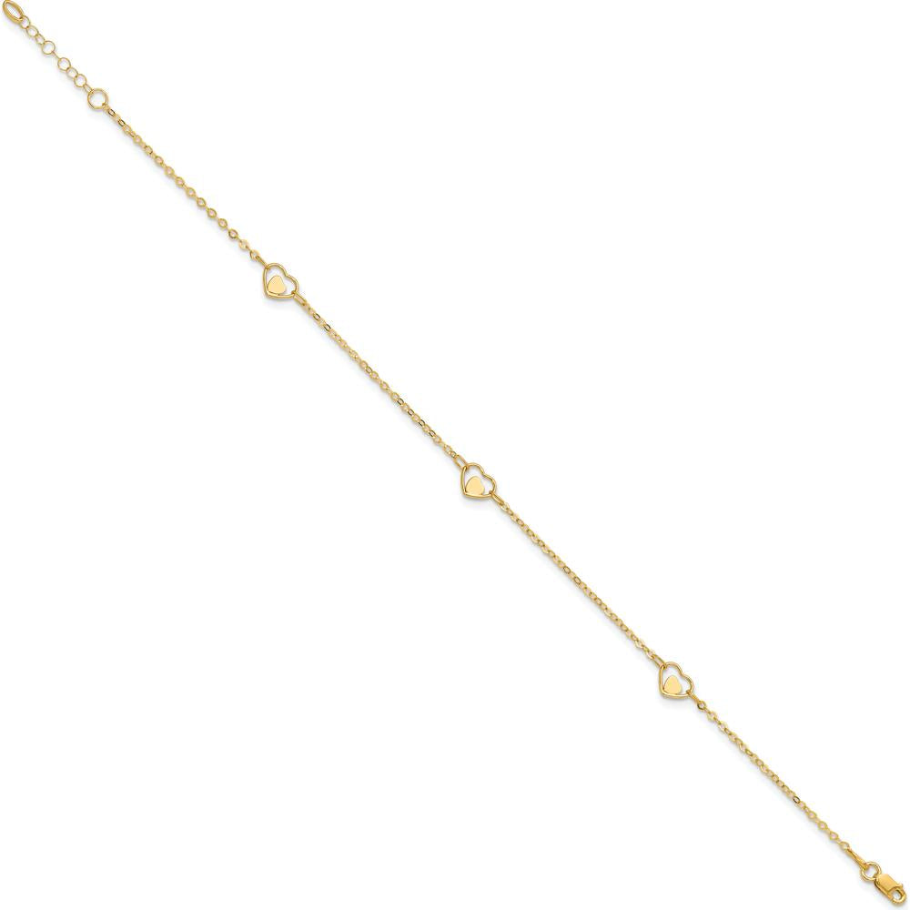 14K Yellow Gold Polished Heart-in-Heart Links Anklet with Adjustable 1" Extender - 10" Total Length