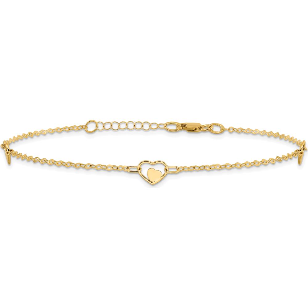 14K Yellow Gold Polished Heart-in-Heart Links Anklet with Adjustable 1" Extender - 10" Total Length