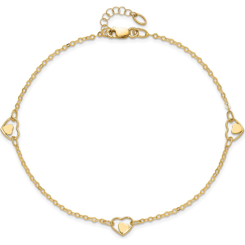 14K Yellow Gold Polished Heart-in-Heart Links Anklet with Adjustable 1" Extender - 10" Total Length