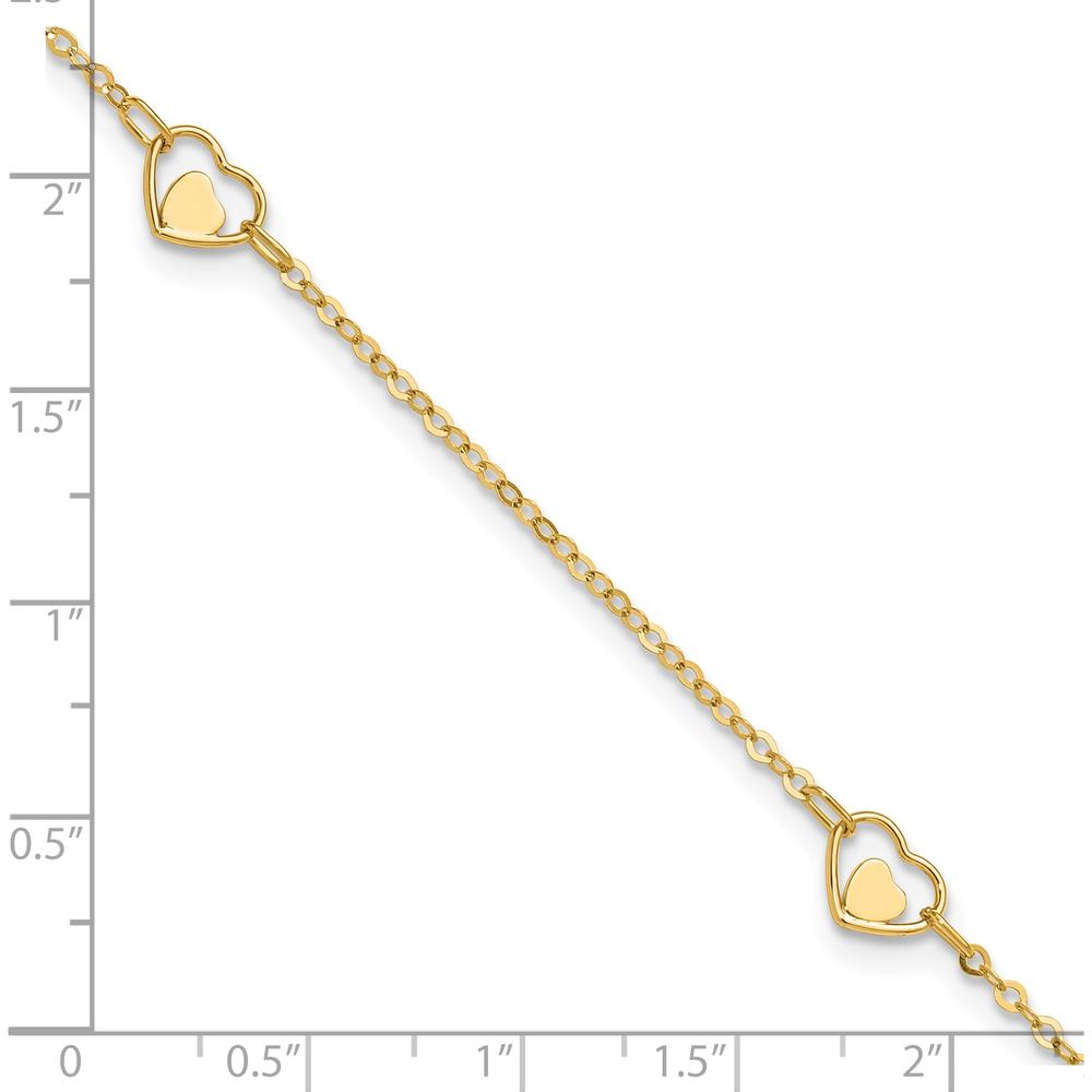14K Yellow Gold Polished Heart-in-Heart Links Anklet with Adjustable 1" Extender - 10" Total Length