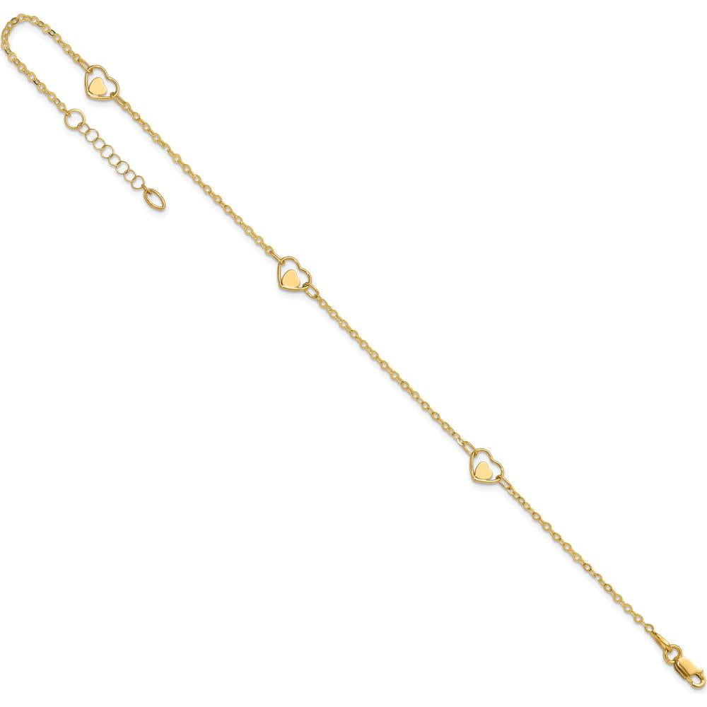 14K Yellow Gold Polished Heart-in-Heart Links Anklet with Adjustable 1" Extender - 10" Total Length