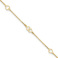 14K Yellow Gold Polished Heart Links and Cable Chain Anklet - 10" Length with Adjustable 1" Extender