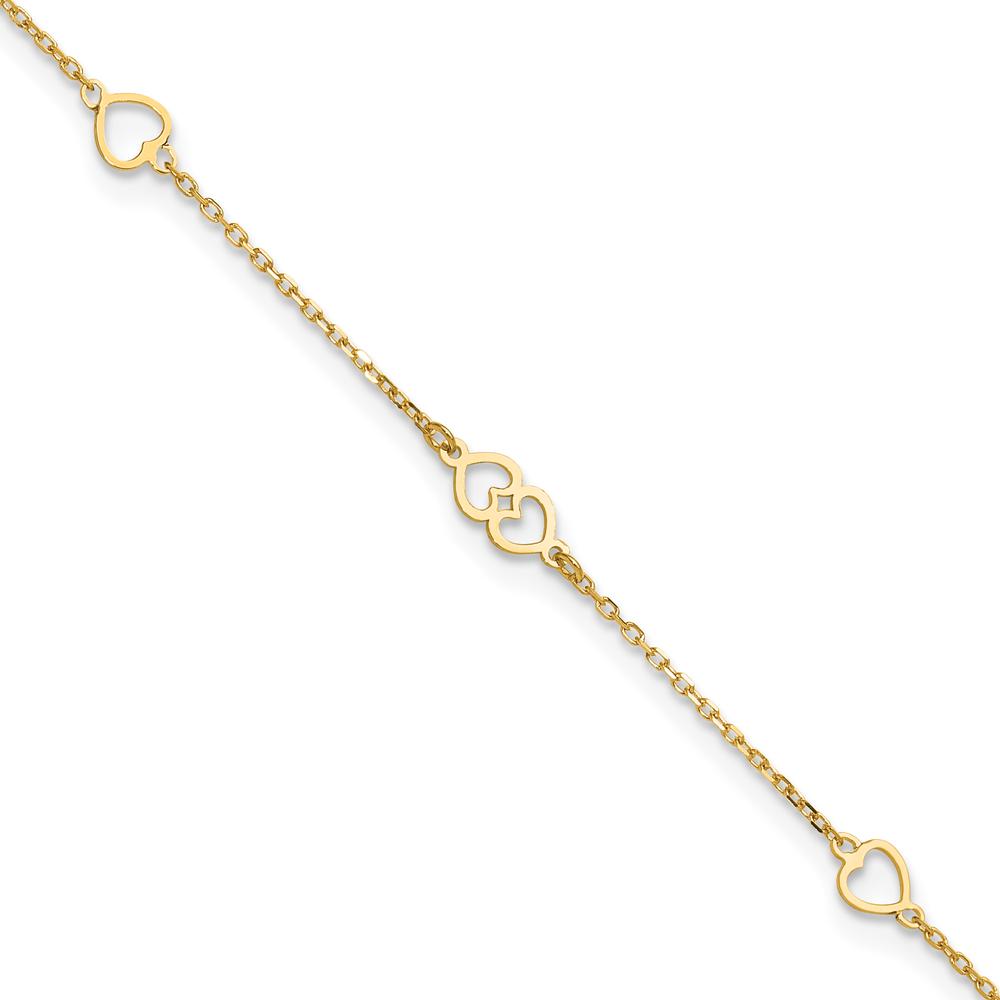 14K Yellow Gold Polished Heart Links and Cable Chain Anklet - 10" Length with Adjustable 1" Extender