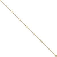 14K Yellow Gold Polished Heart Links and Cable Chain Anklet - 10" Length with Adjustable 1" Extender
