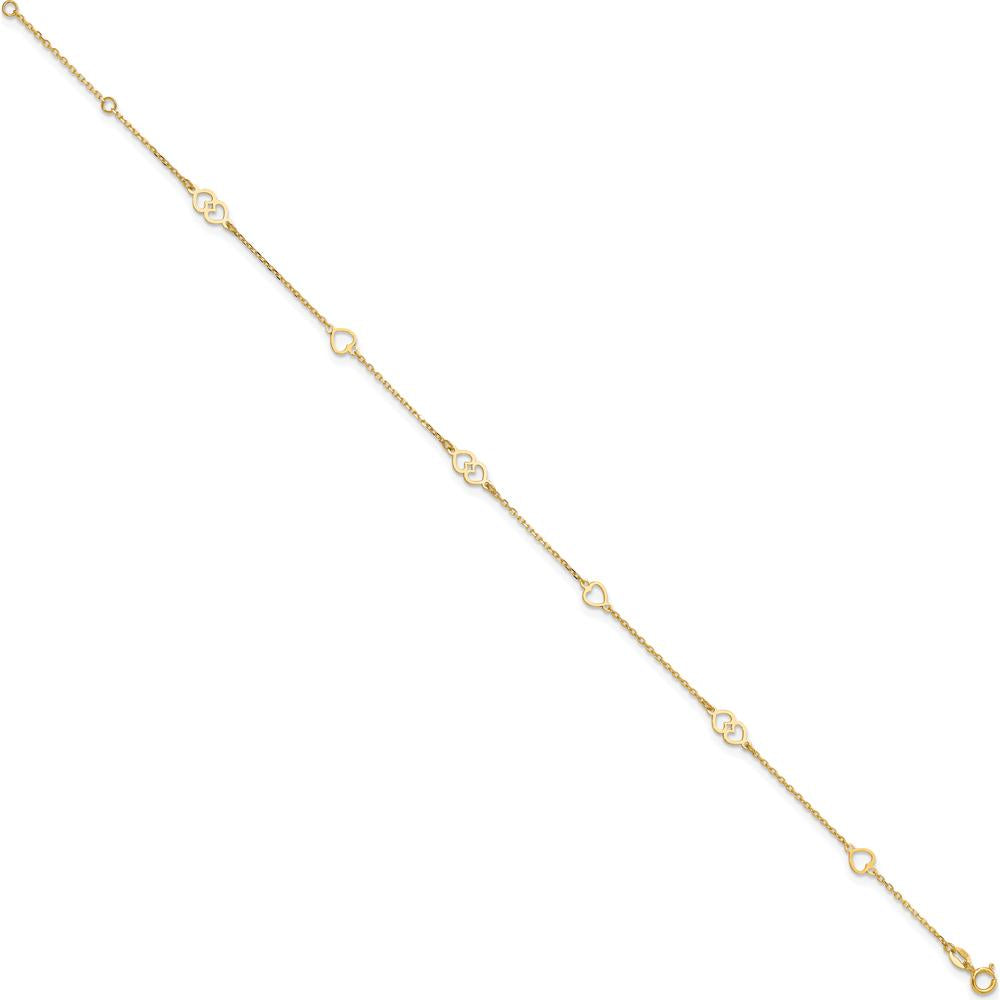 14K Yellow Gold Polished Heart Links and Cable Chain Anklet - 10" Length with Adjustable 1" Extender