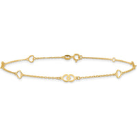 14K Yellow Gold Polished Heart Links and Cable Chain Anklet - 10" Length with Adjustable 1" Extender