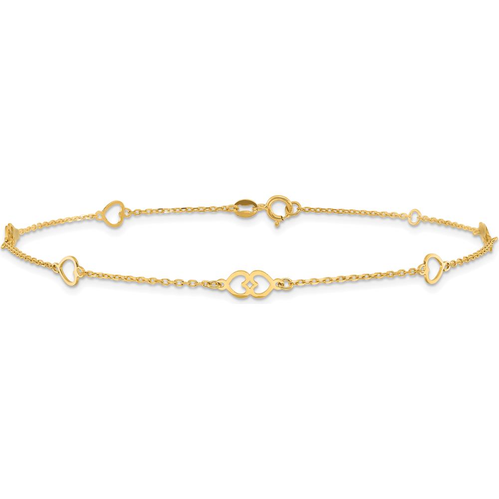 14K Yellow Gold Polished Heart Links and Cable Chain Anklet - 10" Length with Adjustable 1" Extender