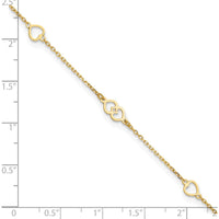 14K Yellow Gold Polished Heart Links and Cable Chain Anklet - 10" Length with Adjustable 1" Extender