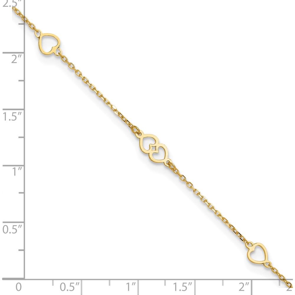 14K Yellow Gold Polished Heart Links and Cable Chain Anklet - 10" Length with Adjustable 1" Extender