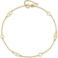 14K Yellow Gold Polished Heart Links and Cable Chain Anklet - 10" Length with Adjustable 1" Extender