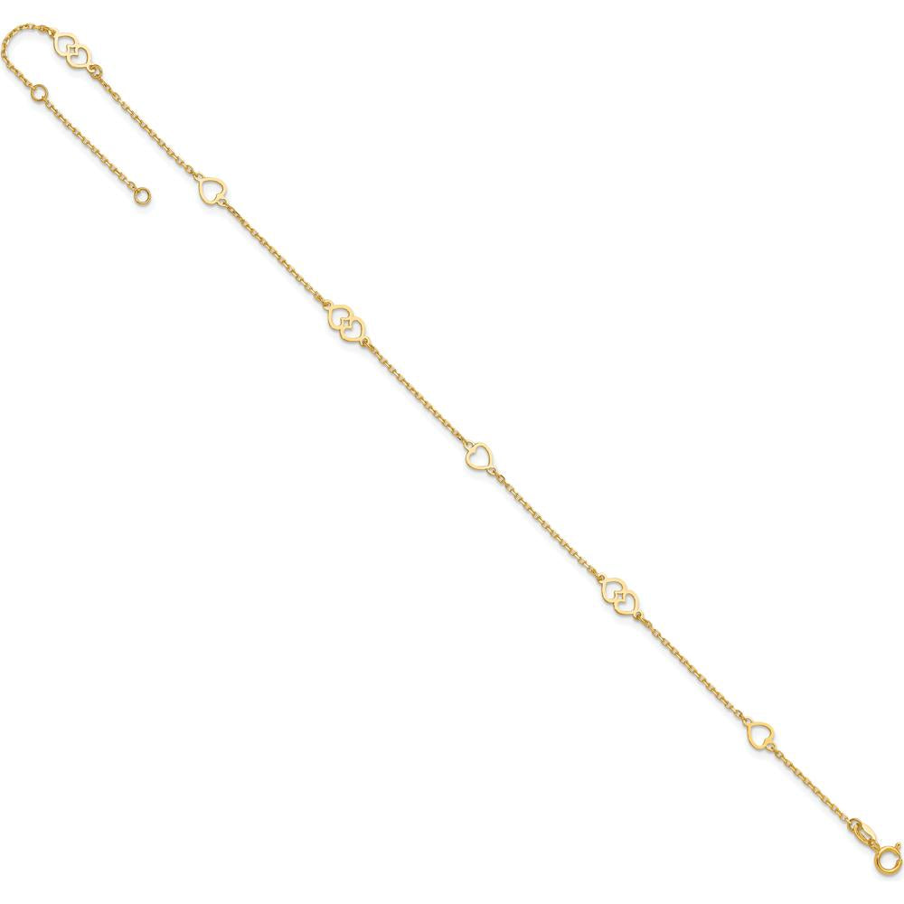 14K Yellow Gold Polished Heart Links and Cable Chain Anklet - 10" Length with Adjustable 1" Extender