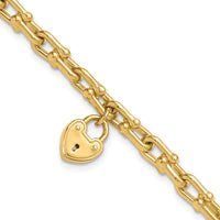 14K Yellow Gold Polished Heart Lock Charm Fancy Link Bracelet - 7.5" by Oro Pregiato