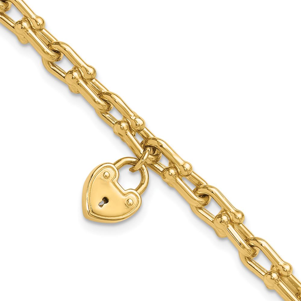 14K Yellow Gold Polished Heart Lock Charm Fancy Link Bracelet - 7.5" by Oro Pregiato
