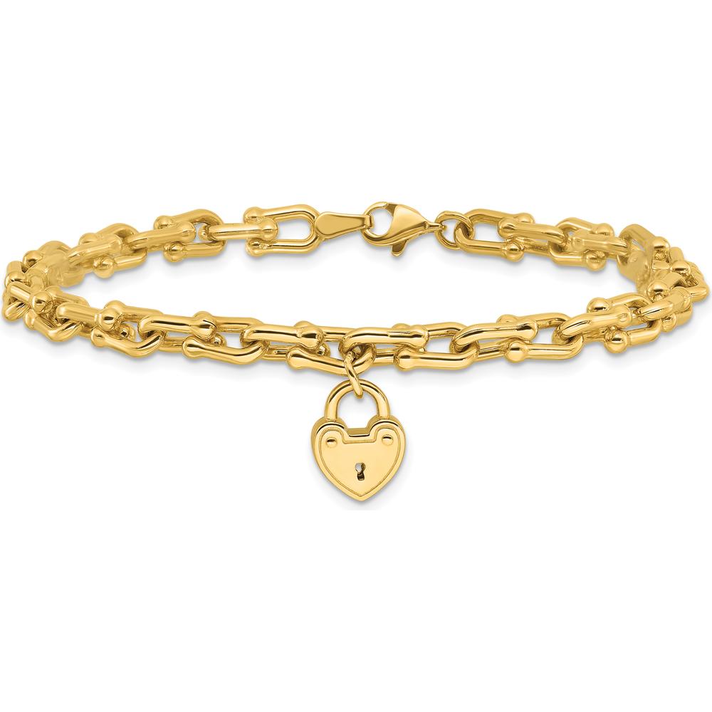 14K Yellow Gold Polished Heart Lock Charm Fancy Link Bracelet - 7.5" by Oro Pregiato